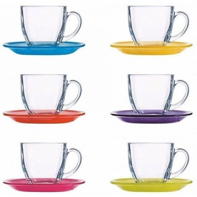 Сервіз чайний скляний з різнобарвними блюдцями на 6 персон Luminarc Carina Rainbow 12 предметів 220 мл N4217 фото